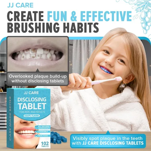 Vista 5 de JJ Care Tabletas reveladoras para dientes, 102 unidades, tabletas de revelación de placas envueltas individualmente para niños que cepillan