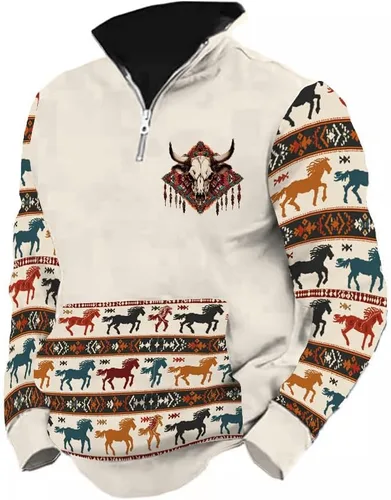 Vista 19 de LOAIHA Native American - Sudadera con capucha para hombre, manga larga, cremallera de 1/4, chaqueta vaquera