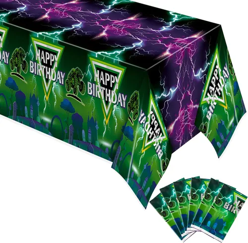 Vista 7 de Manteles de camión monstruo verde y morado – Funda rectangular desechable para baby shower, fiesta de cumpleaños de niños, decoración de mesa