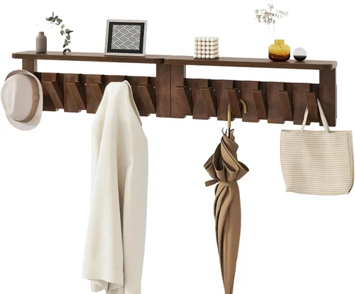 Vista 9 de YMYNY Perchero de pared montado en pared con estante, estante de pared con ganchos retráctiles, perchero de pared de madera para colgar Natural