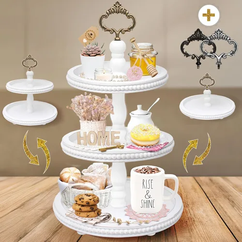 Vista 13 de Bandeja de madera de 2 niveles con soporte de servicio por Felt Creative Home Goods. Bandeja pequeña con detalle de cuentas para decoración