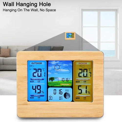 Vista 4 de Bewinner Estación meteorológica para interiores y exteriores, estación meteorológica digital LCD, reloj portátil para montaje en pared o termómetro