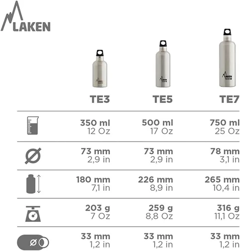 Vista 5 de Laken Thermo Futura - Botella de agua de acero inoxidable aislada al vacío, boca estrecha, 12-25 onzas