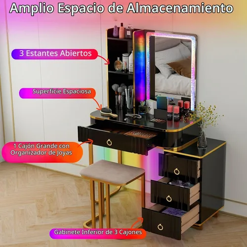 Vista 3 de CHARMAID RBG - Mesa de tocador de maquillaje LED, espejo iluminado colorido, 7 modos dinámicos y 7 estáticos, baúl de 3 cajones, 3 estantes, cajón