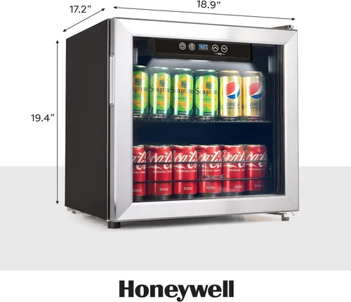 Vista 2 de Honeywell Refrigerador y enfriador de bebidas, mini refrigerador para 48 latas con puerta de vidrio para refrescos, cerveza o vino para oficina