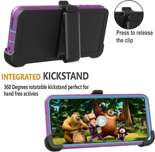 Vista 5 de Funda resistente para Samsung Galaxy A12, con clip, a prueba de golpes y caídas, a prueba de polvo, morado y azul cielo
