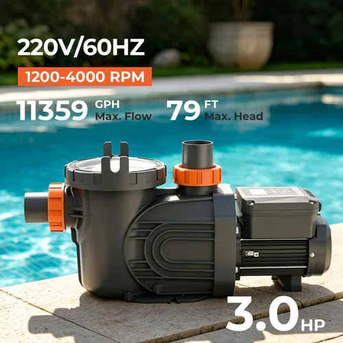 Vista 5 de Bomba para piscina de velocidad variable, bomba de piscina de 3 HP para uso en/sobre el suelo, 220V-240V, bomba de piscina de alto flujo 11359GPH