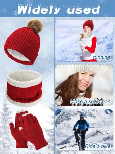 Vista 5 de Eurzom Juego de 12 gorros y bufandas para mujer, gorro para clima frío, forro interior de satén, forro polar, guantes de punto para mujeres y niñas