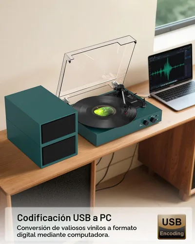 Vista 3 de Reproductor de discos Bluetooth retro con altavoces externos, tocadiscos de 3 velocidades con transmisión por correa, grabación USB a PC, salida AUX