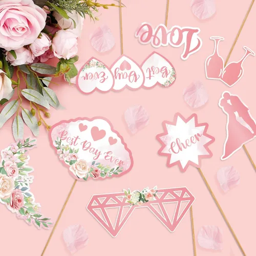 Vista 3 de Accesorios para cabina de fotos de boda, decoraciones de despedida de soltera, decoraciones de fiesta de compromiso en oro rosa, rosa con purpurina