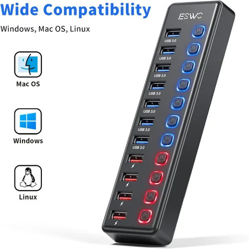 Vista 4 de Hub USB alimentado, concentrador USB 3.0 de 11 puertos JESWO (7 puertos de transferencia de datos + 4 puertos de carga inteligente)
