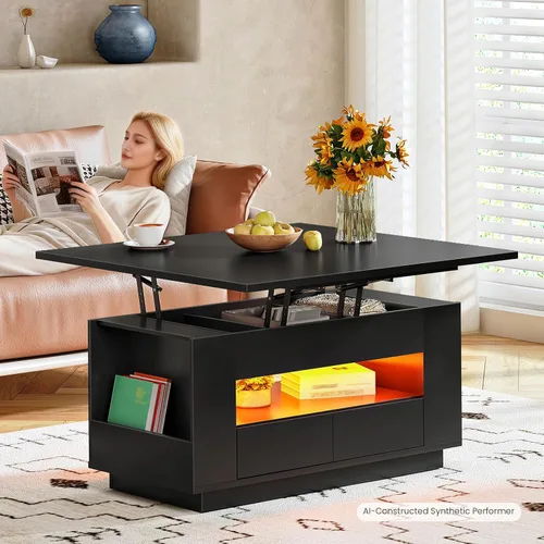 Vista 9 de Mesa auxiliar elevable de 40 pulgadas con 2 cajones, luces LED y almacenamiento, mesa central multiusos 4 en 1 con base flotante, para sala