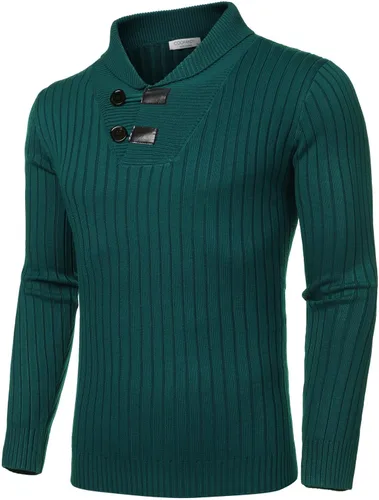 Vista 2 de COOFANDY Suéter de punto con cuello de chal para hombre, casual, ajustado, con botones, suéter de punto