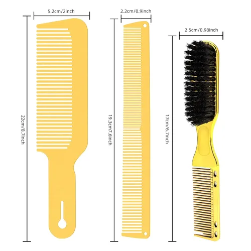 Vista 4 de CGBARBER Juego de 3 piezas de peine de metal y cepillos de peluquería, acero inoxidable para hombres y mujeres, corte de pelo, parte superior plana