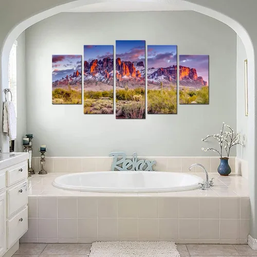 Vista 4 de Biuteawal - Superstición Montañas Puesta de sol Arizona Arte de pared occidental desierto cactus paisaje, pinturas de lienzo, imágenes