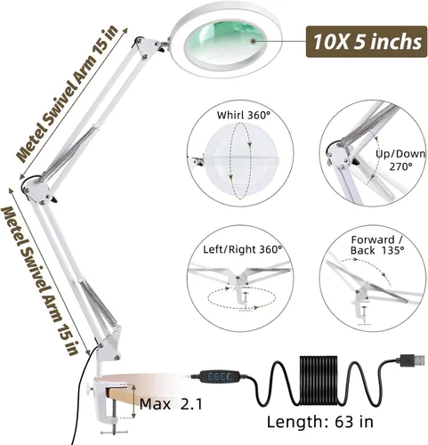Vista 5 de LANCOSC Lupa de cristal real de grado óptico de 10 x 5 pulgadas con luz y soporte, lámpara de escritorio LED de 3 modos de color, regulable y sin