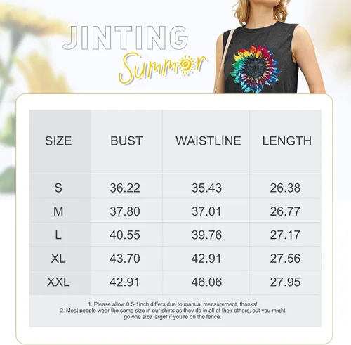 Vista 6 de JINTING - Camisetas sin mangas con estampado de girasoles para mujer de verano, camisetas sin mangas, con estampado y estilo bohemio