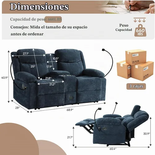 Vista 2 de Sofá reclinable de dos plazas con consola, color azul