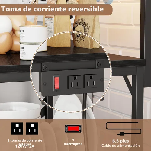 Vista 4 de Furologee Estante para hornear de cocina con toma de corriente, soporte para horno de microondas con almacenamiento de 4 niveles, mesa de café con 6