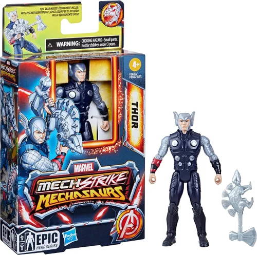 Vista 5 de Marvel Mecasaurios de ataque mecánicos, figura de acción de Thor de 4 pulgadas con accesorio de arma de dinosaurio, juguetes de superhéroes
