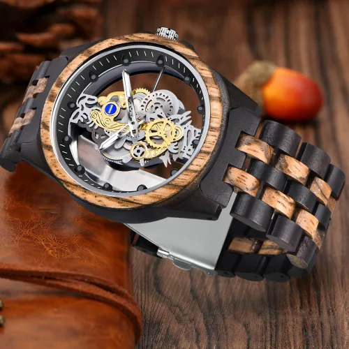 Vista 3 de Dentily Reloj de madera para hombre, reloj de madera ligero para hombre, relojes analógicos de madera de cuarzo para hombres