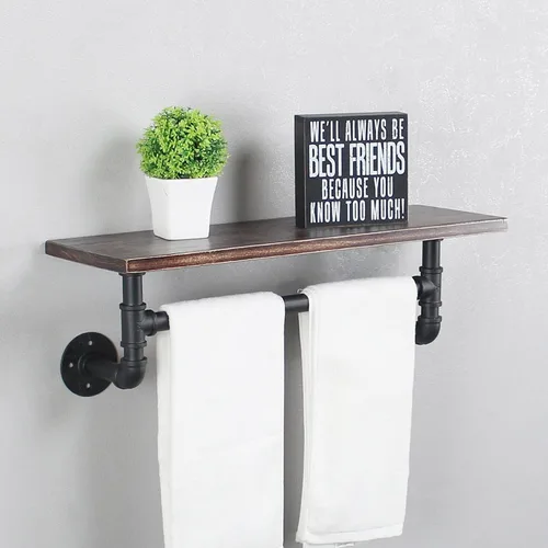 Vista 17 de MBQQ Estantes de tubería para baño en negro y blanco con toallero sobre el inodoro, estantes flotantes de 24 pulgadas de madera de pino para montaje