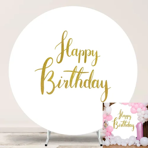 Vista 6 de Cartel de feliz cumpleaños dorado de 6.5 pies, cubierta de fondo circular blanco con 4 clips, telón de fondo redondo para fotografía, cartel dorado