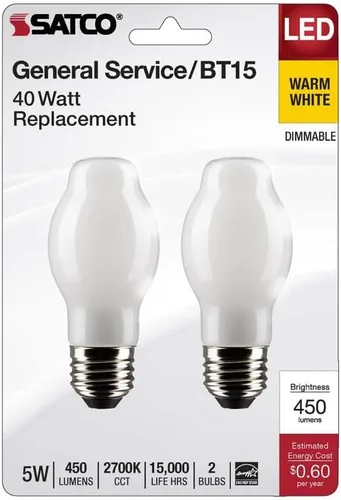 Vista 2 de Satco S21855 - Bombilla LED BT15 de 5 W, color blanco, base media, 2700 K, 450 lúmenes, 120 voltios