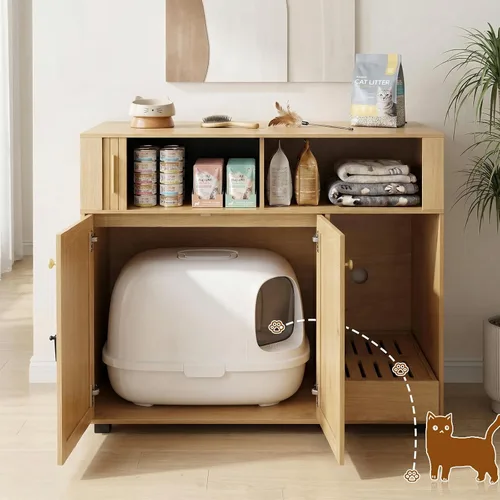 Vista 3 de YIDIXIS - Caja de arena oculta grande para gatos con estación de carga, evita que la arena para gatos se lleve a cabo, muebles modernos para gatos