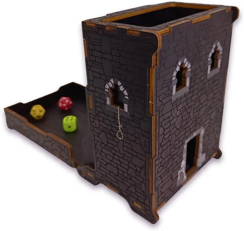Vista 8 de FOXBITE Torre de dados para Dungeons and Dragons Tower con bandeja de madera grabada con láser DND portátil y plegable, rodillo de dados perfecto