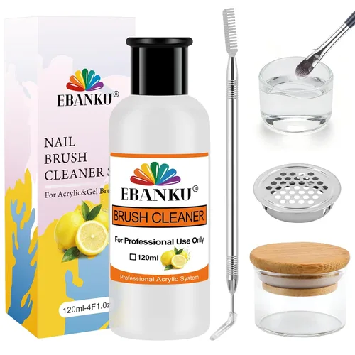 Vista 11 de EBANKU Limpiador acrílico del cepillo del clavo de 4.1 fl oz Cepillo limpiador de uñas acrílico y cepillo exfoliante 120ML