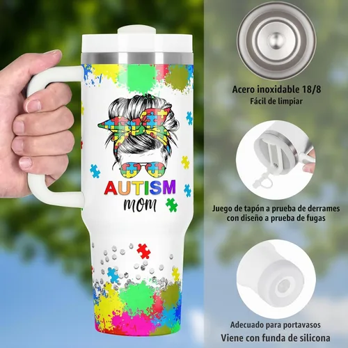 Vista 5 de Vaso de concientización sobre el autismo para mamá, 40 onzas con asa
