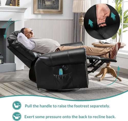 Vista 6 de MEETWARM Sillón reclinable giratorio de masaje con calor y vibración, mecedora manual mecedora, silla reclinable giratoria de 360° con control