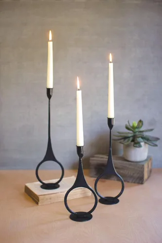 Vista 2 de MY SWANKY HOME Moderno negro hierro fundido cónica candelabros conjunto 3 anillo de círculo de metal elegante