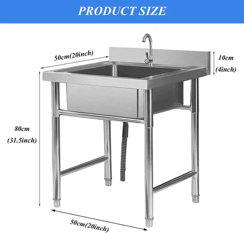 Vista 7 de Fregadero de cocina comercial de acero inoxidable con 1 compartimento con grifo y salpicaduras traseras, fregadero de un solo tazón
