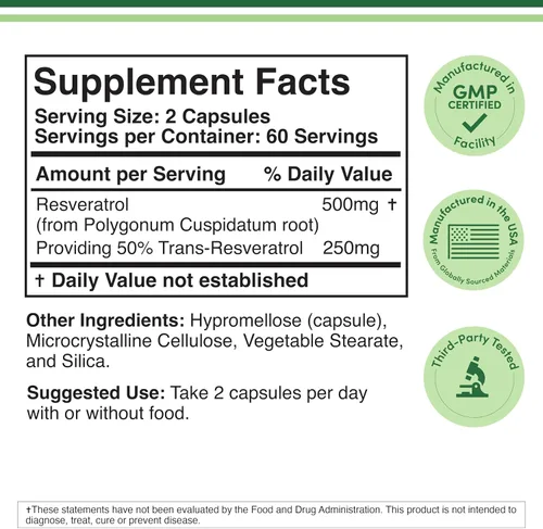 Vista 2 de Suplemento de resveratrol de 500 mg por porción, 120 cápsulas