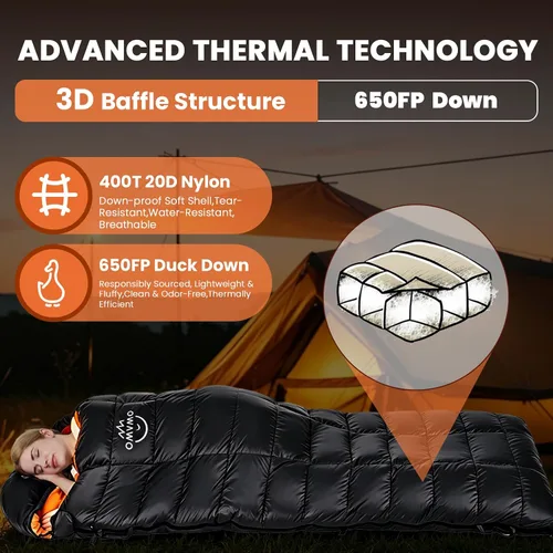 Vista 3 de Rectangular Down Sleeping Bag for Adults Camping Backpacking Negro/15℉/Cremallera izquierda/plumón de pato