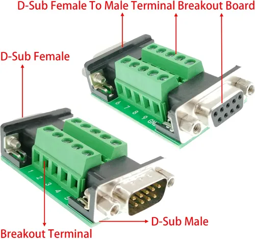 Vista 5 de DB9 Breakout Board Adapter 2-Pack – DB9 macho y hembra a terminal conector para señales serie RS232/RS485/CAN/RS422, 9 pines D-Sub a tornillo módulo
