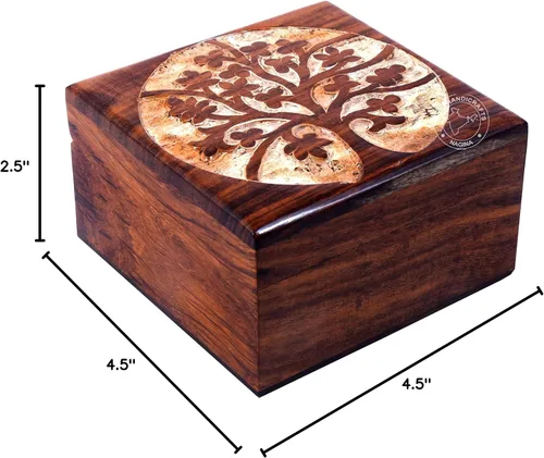 Vista 37 de Urna de madera antigua hecha a mano con grabado del árbol de la vida tallada a mano para mujeres y hombres, joyas Acentos de decoración del hogar