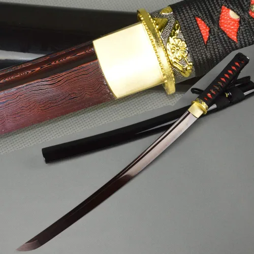 Vista 12 de Espada samurái Wakizashi hecha a mano, Katana de espiga completa, espada media, cuchillos japoneses hechos a mano listos para la batalla