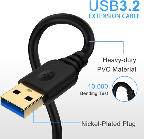 Vista 3 de Cable de extensión USB A de 6 pies, extensor de cable USB, USB 3.0 de alta velocidad, cable de extensión macho a hembra, cable de impresora a USB