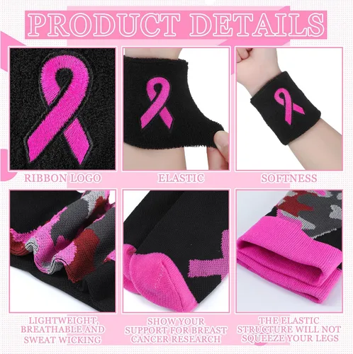 Vista 3 de Jiuguva Juego de pulseras y calcetines con cinta rosa para concienciación del cáncer de mama, incluye calcetines deportivos de camuflaje rosa