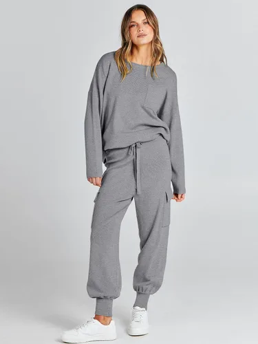 Vista 2 de Caracilia Conjunto de dos piezas para mujer, suéter de punto de manga larga y pantalones deportivos tipo cargo