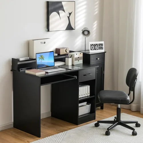 Vista 2 de Tangkula Escritorio para computadora con cajón y bandeja para teclado, escritorio de estudio moderno con gabinete de escritorio y estantes de Negro