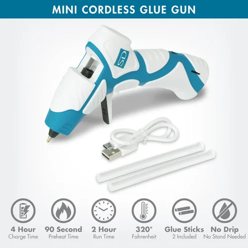 Vista 2 de Mini pistola de pegamento caliente inalámbrica Boquilla de precisión antigoteo con luz de guía LED USB-C recargable azul/blanco