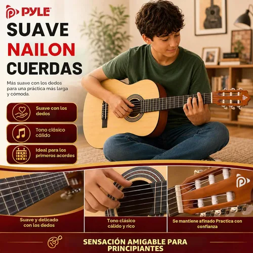 Vista 4 de Kit de guitarra acústica para principiantes Pyle, tamaño junior 3/4, instrumento completamente de madera con kit completo de accesorios, púas