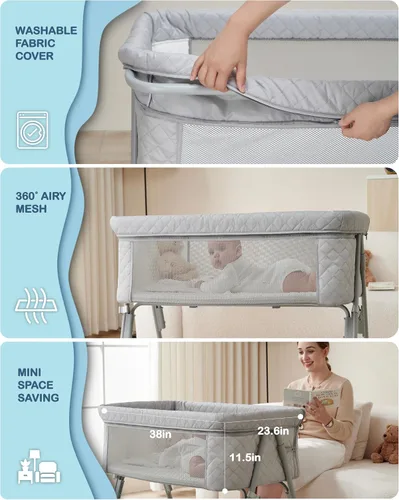 Vista 12 de BEKA Moisés cama de noche para bebé, cuna de bebé 2 en 1 para recién nacido, moisés de noche con 4 ruedas de bloqueo automático y altura ajustable