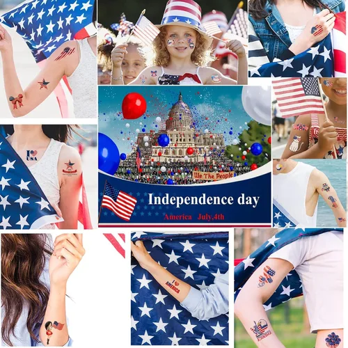 Vista 6 de Aresvns Tatuajes temporales del Día de la Independencia, tatuaje de manga de bandera de Estados Unidos del 4 de julio, suministros de fiesta rojo