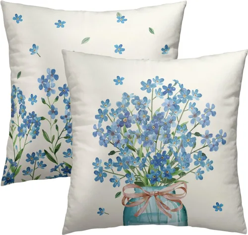 Vista 2 de Fundas de almohada florales de primavera 16x16 pulgadas, juego de 2, fundas de almohada azules de flor de jarra de Mason, fundas de almohada