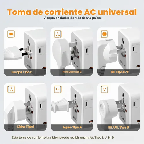 Vista 5 de TESSAN Adaptador de viaje universal 65W GaN, adaptador de corriente Blanco-65W